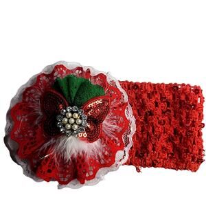 Baby Girl Toddler Christmas Headband Oversize Lace & Rhinestones Bow Red White